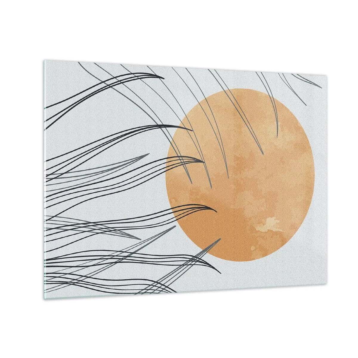 Üveg kép - Narancssárga nap dinamikus vonalakkal világos háttér előtt - 70x50cm - Mindig a nap felé - Modern fali dekoráció nappalihoz és hálószobához ARTTOR