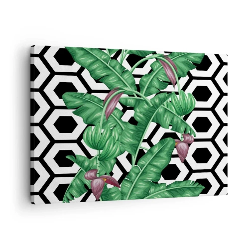 Vászonkép - Trópusi levelek geometrikus alapon - 70x50cm - Természeténél fogva szimmetrikus kompozíció - Modern fali dekoráció nappalihoz és hálószobához ARTTOR