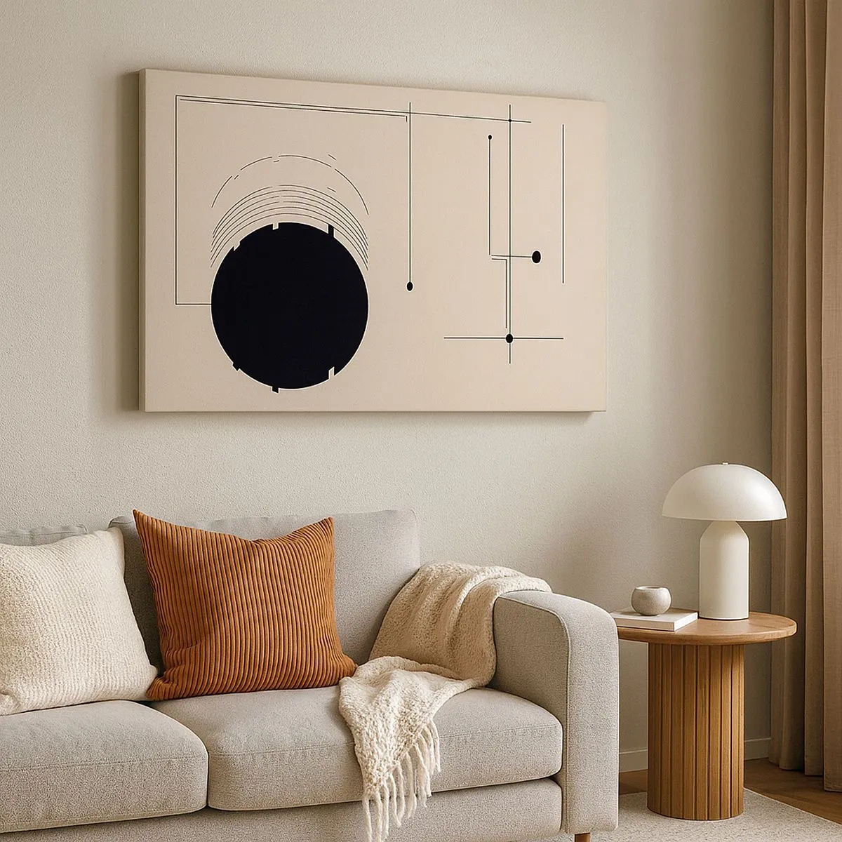 Vászonkép - Fekete geometrikus vonalak és egy kör bézs alapon - 70x50cm - Ruganyos és dinamikus kompozíció - Modern fali dekoráció nappalihoz és hálószobához ARTTOR