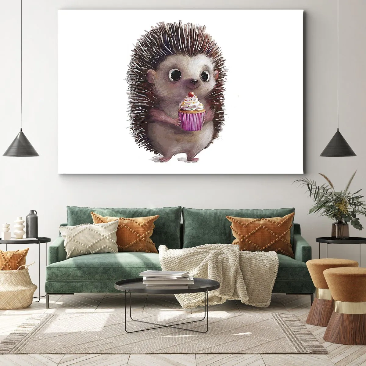 Vászonkép - Egy aranyos sündisznó cupcake-kel - 70x50cm - Ünnep van minden nap - Modern fali dekoráció nappalihoz és hálószobához ARTTOR