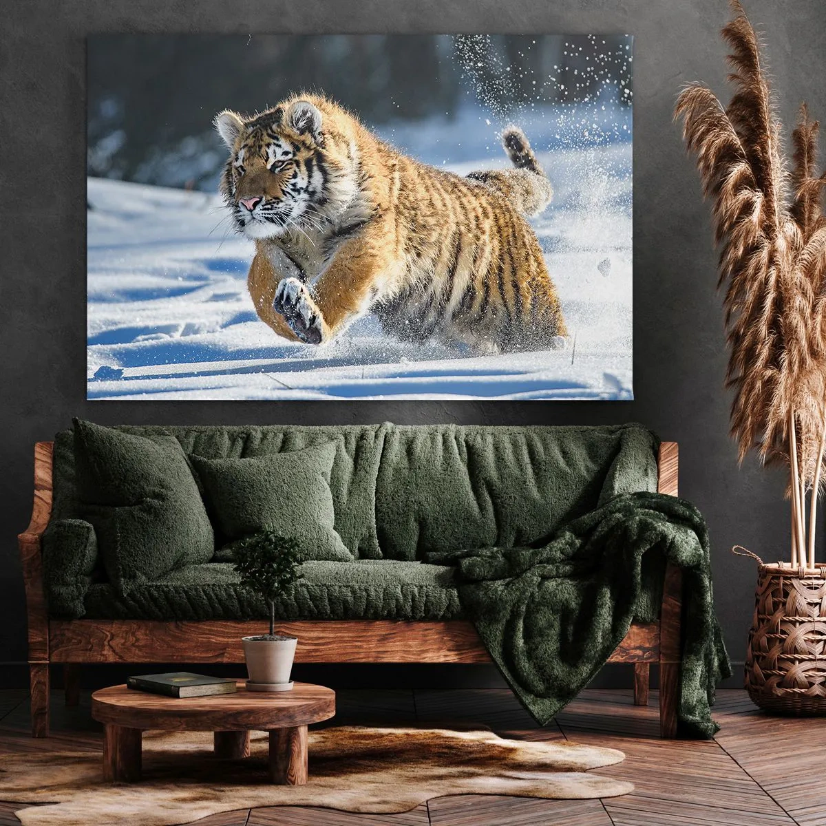 Vászonkép - Egy szibériai tigris fut a havas tájon - 70x50cm - A szibériai tajga istene - Modern fali dekoráció nappalihoz és hálószobához ARTTOR
