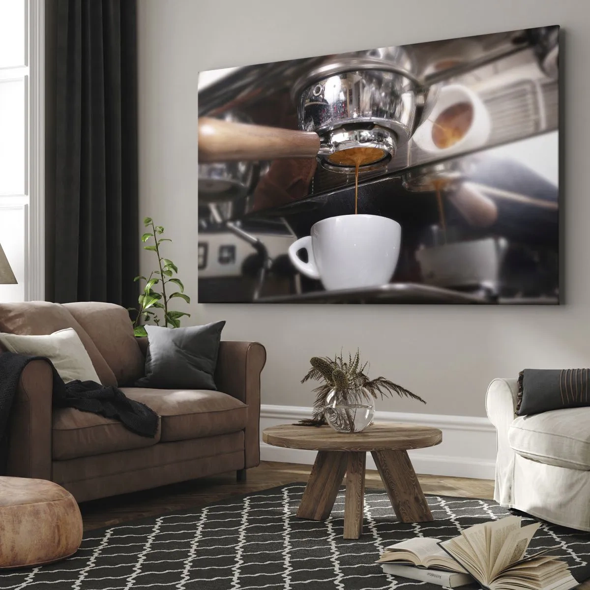 Vászonkép - Kávéfőző közeli képe, amely friss eszpresszót készít - 70x50cm - A nap egy jó pillanata - Modern fali dekoráció nappalihoz és hálószobához ARTTOR