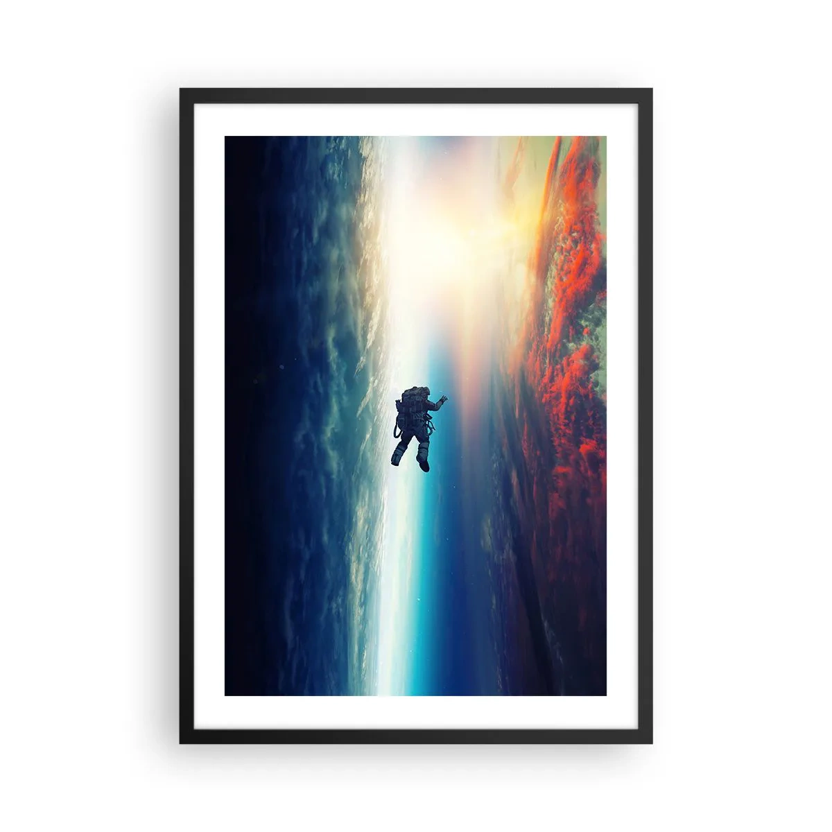 Poszter fehér keretben - Űrhajós az űrben, a Földdel és a Nappal a háttérben - 50x70cm - Szembenézés az univerzummal - Modern fali dekoráció nappalihoz és hálószobához ARTTOR