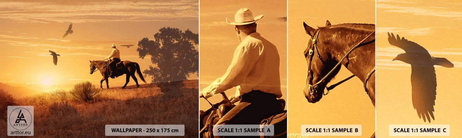 Fotótapéta Minta Öntapadós Deluxe Sticker - Egyedül a prérin keresztül - Ló, Cowboy, Tájkép - 100x30 cm