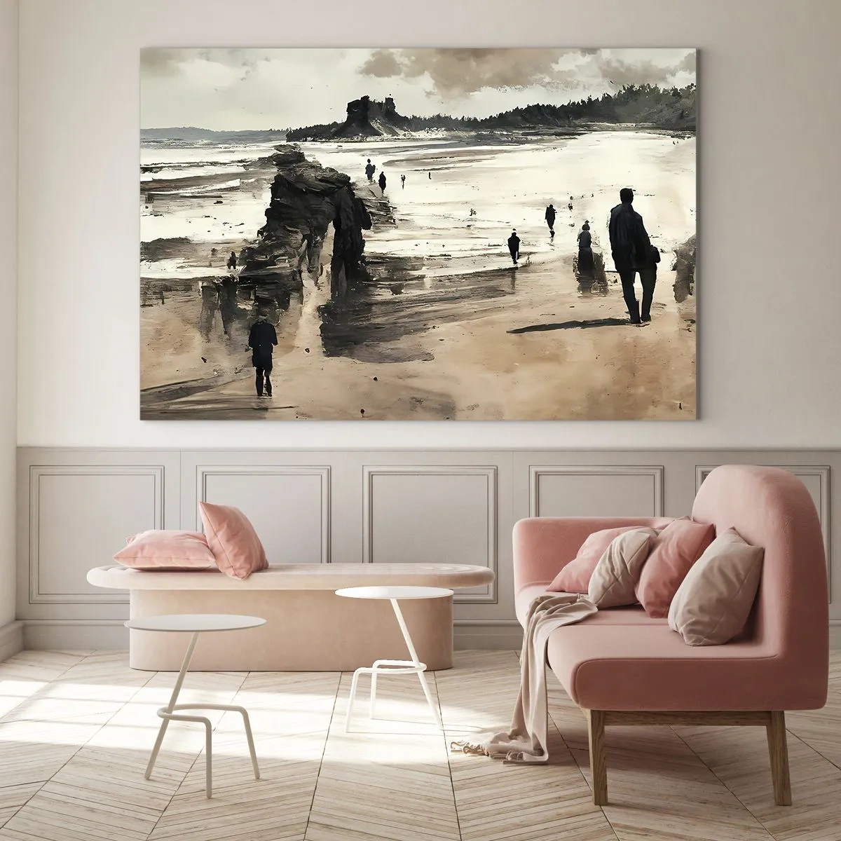 Üveg kép - Sziluettek sétálnak egy széles tengerparton felhős ég alatt - 70x50cm - Megidézett - Modern fali dekoráció nappalihoz és hálószobához ARTTOR