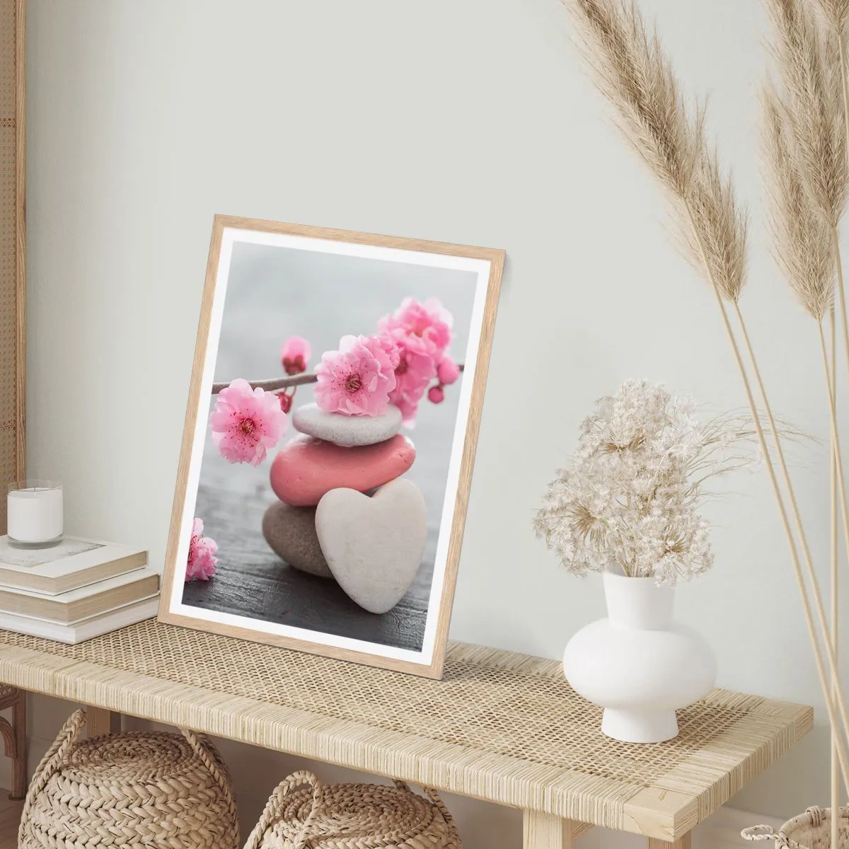 Poszter világos tölgy keretben - Boldogság a cseresznyevirággal - 70x100 cm