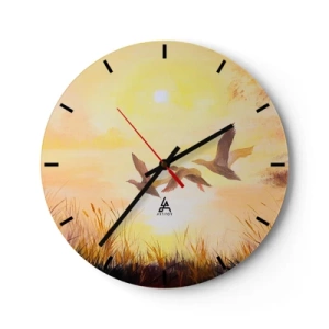 Falióra, Óra - Repülő kacsák a lenyugvó nap és a fű hátterében - 30x30cm - Egy hosszú utazás kezdete - Modern fali dekoráció nappalihoz, konyhához és hálószobához ARTTOR