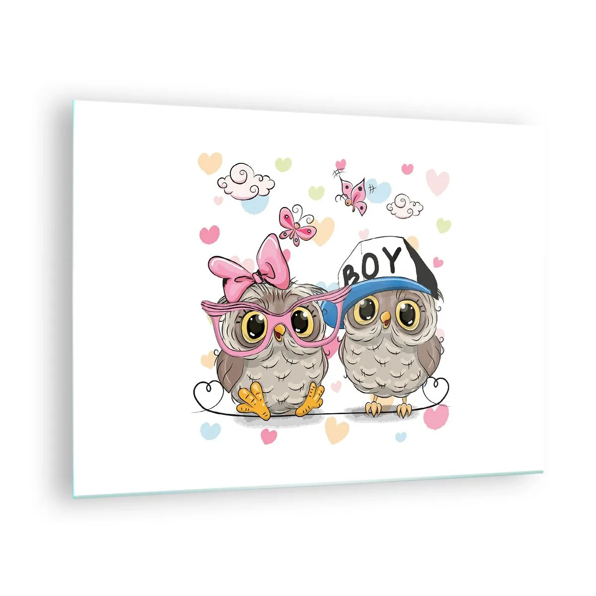 Üveg kép - Egy pár vidám bagoly pasztell kompozícióban - 70x50cm - Szeressük egymást! - Modern fali dekoráció nappalihoz és hálószobához ARTTOR
