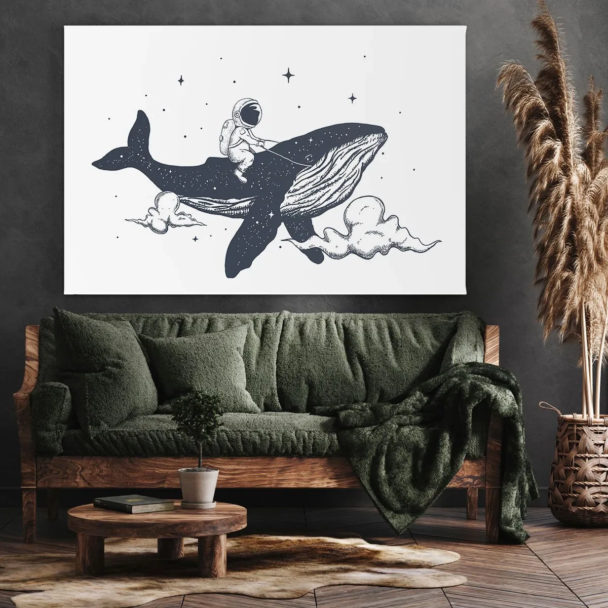 Vászonkép - Űrhajós egy űrben lebegő bálnán - 70x50cm - Egy kozmikus kaland - Modern fali dekoráció nappalihoz és hálószobához ARTTOR