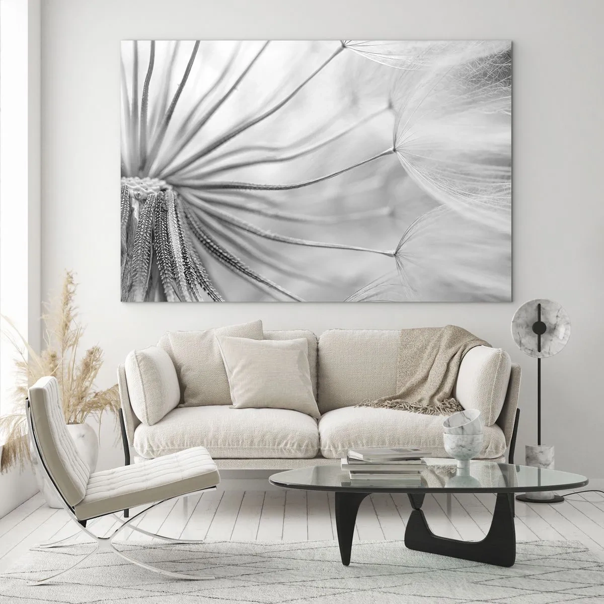 Üveg kép - Makrófotózás egy pitypangról fekete-fehér árnyalatokban - 70x50cm - Pitypang, papírsárkány - Modern fali dekoráció nappalihoz és hálószobához ARTTOR