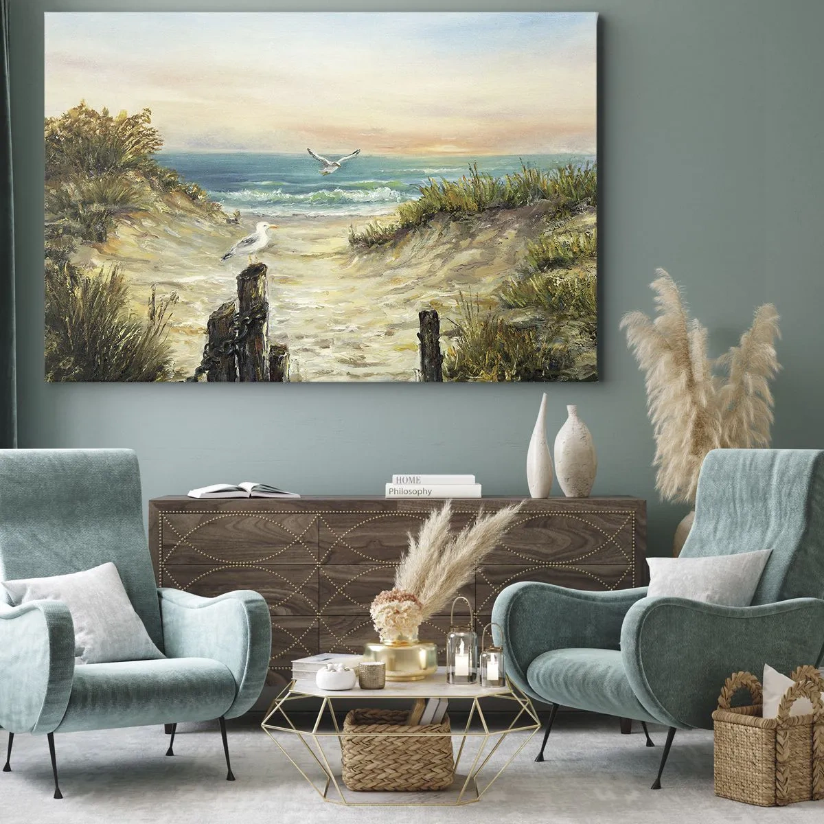 Vászonkép - Tengerpart sirályokkal és dűnékkel naplementekor - 70x50cm - Szélcsend - Modern fali dekoráció nappalihoz és hálószobához ARTTOR