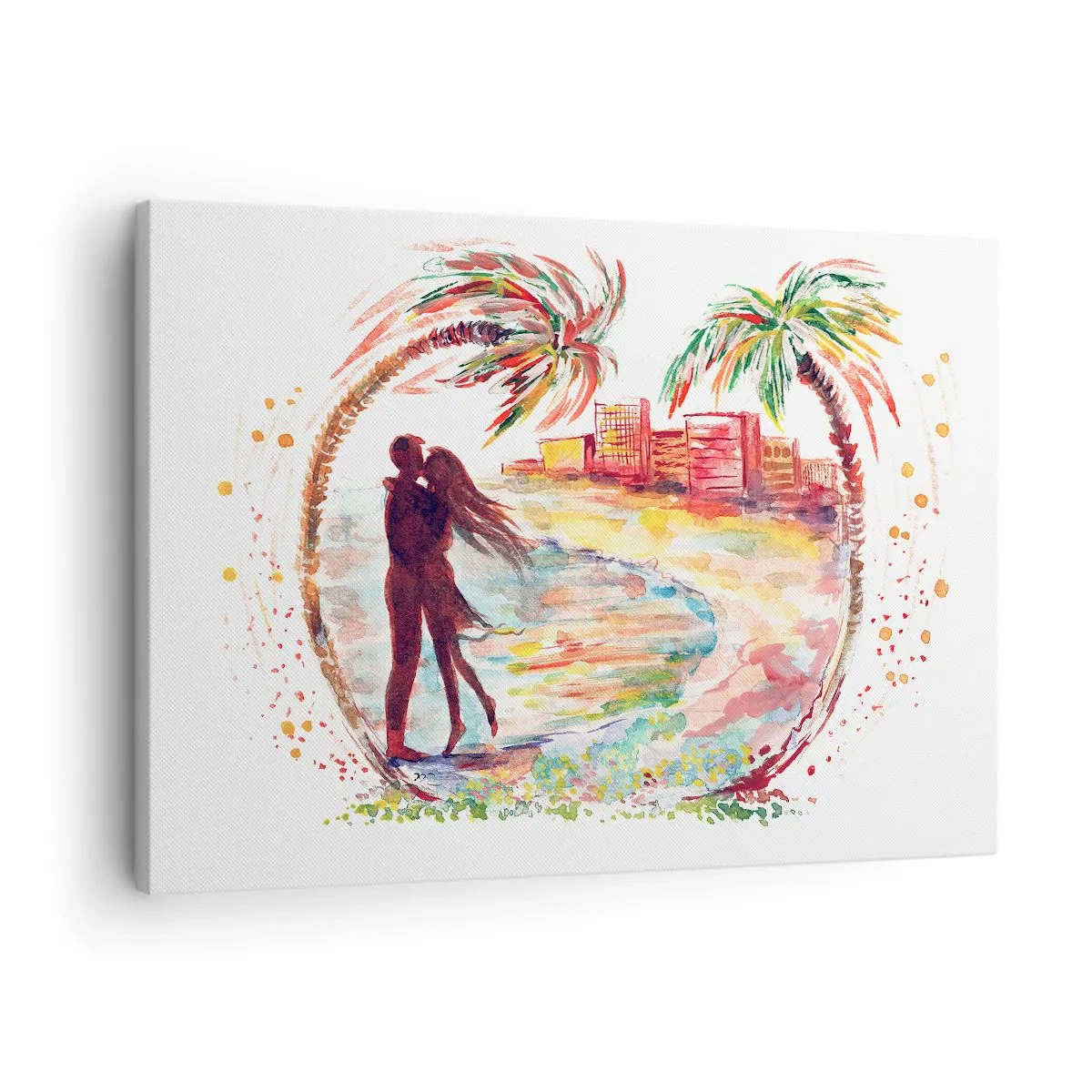 Vászonkép - Romantikus pár jelenet a strandon, pálmafákkal akvarellben - 70x50cm - Romantikus nyaralás - Modern fali dekoráció nappalihoz és hálószobához ARTTOR