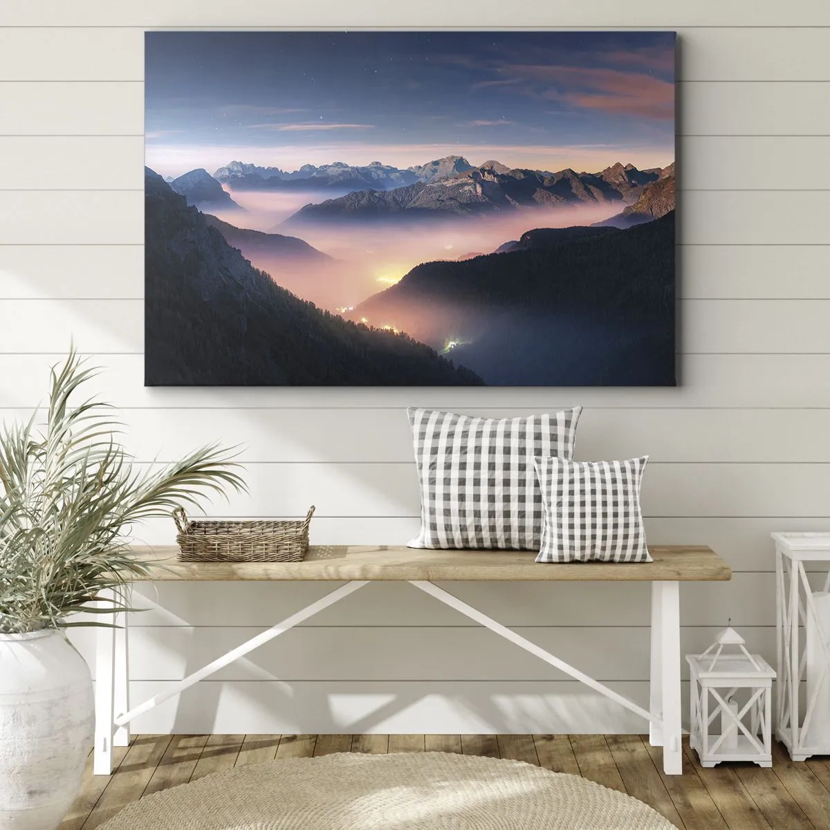 Vászonkép - Hegyi táj köddel teli völggyel - 70x50cm - Fény a völgyekben - Modern fali dekoráció nappalihoz és hálószobához ARTTOR