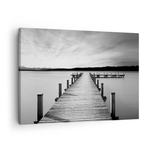 Vászonkép - Egy fekete-fehér móló egy nyugodt tavon - 70x50cm - A víznyelőnél - békében - Modern fali dekoráció nappalihoz és hálószobához ARTTOR