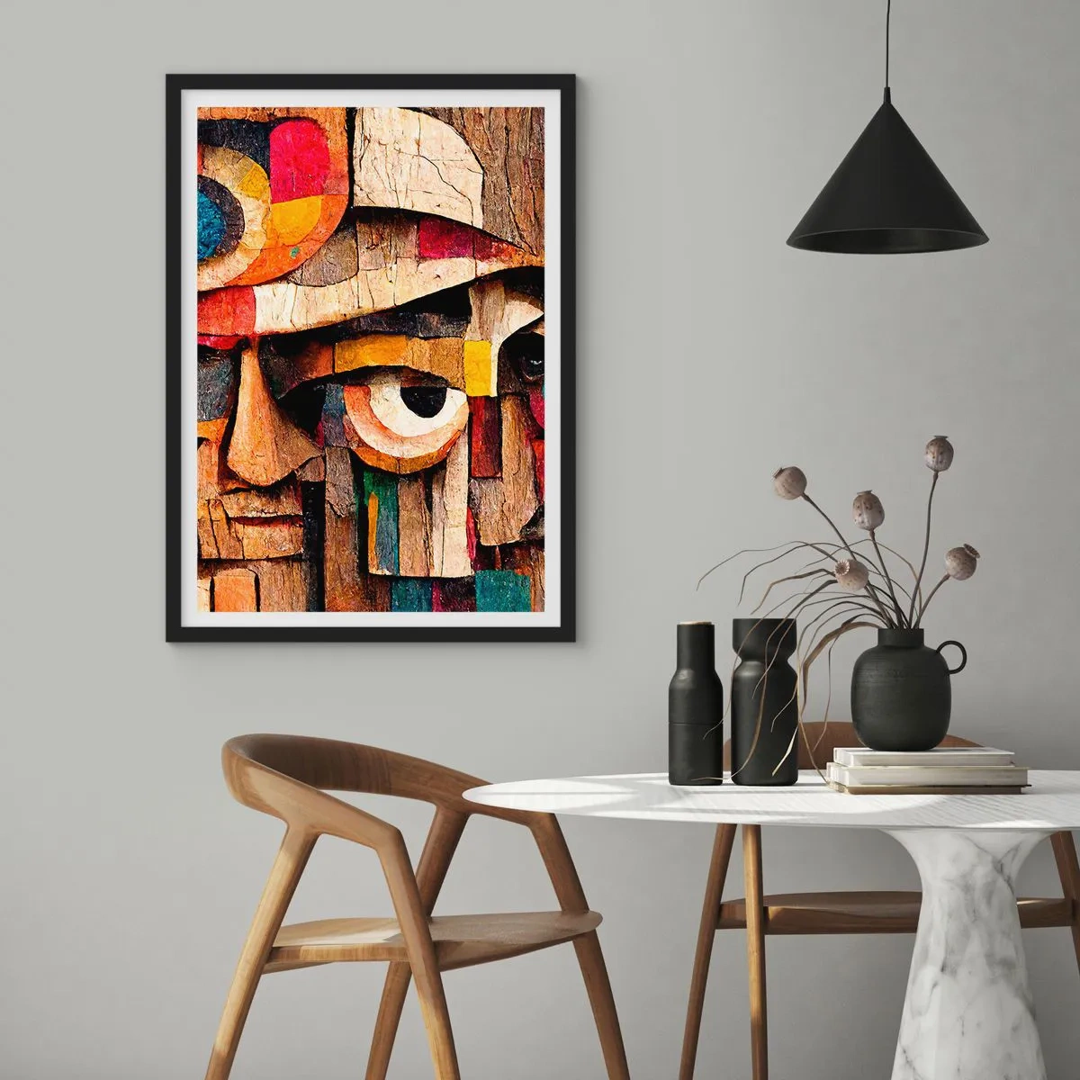 Poszter fehér keretben - Egy absztrakt arc színes fakockákból. - 50x70cm - Látlak téged... - Modern fali dekoráció nappalihoz és hálószobához ARTTOR
