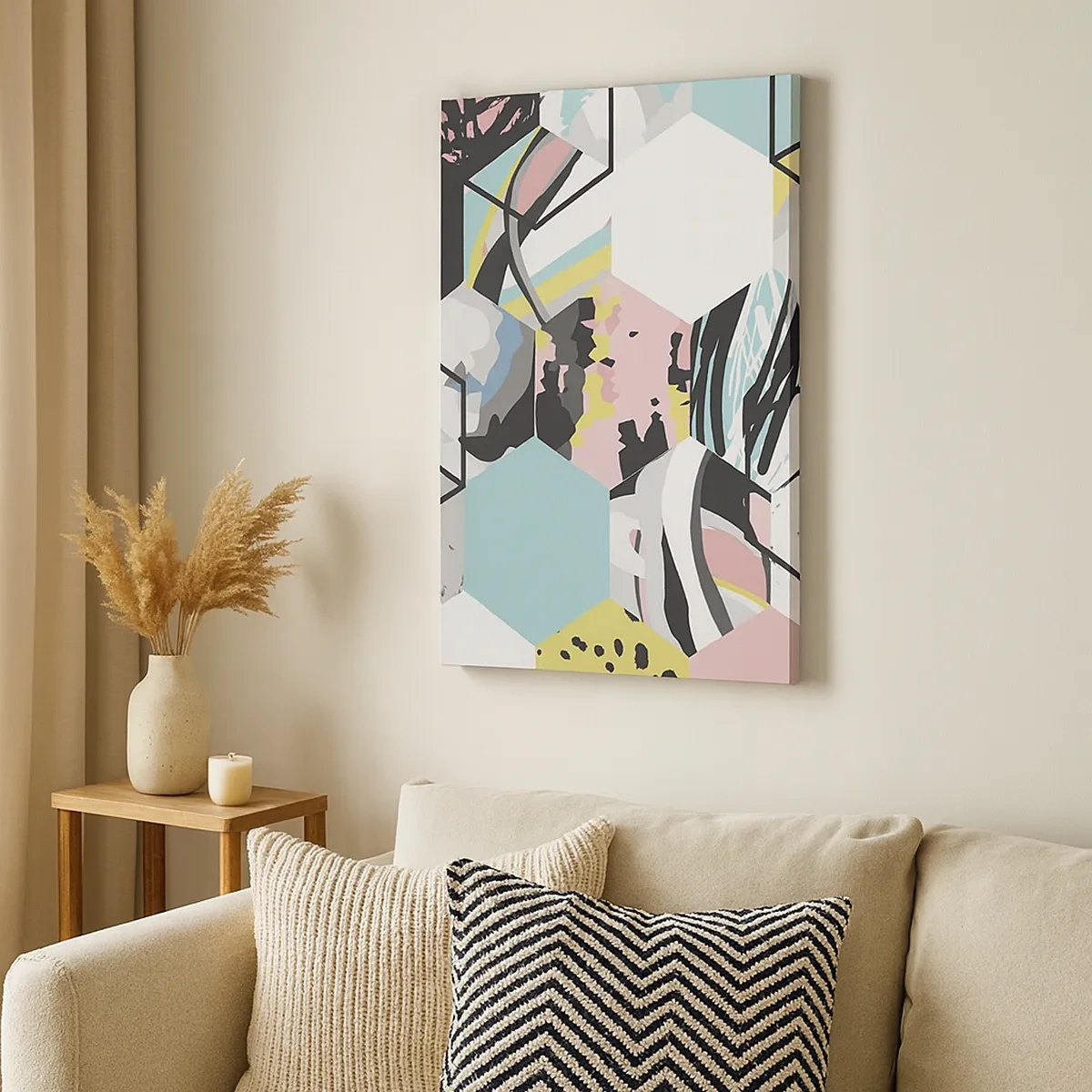 Vászonkép - Hatszögek és kockák hat színben - 50x70 cm