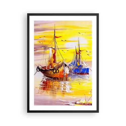 Poszter fehér keretben - Színes vitorlások naplementekor - 50x70cm - Megérdemelt pihenés a kikötőben - Modern fali dekoráció nappalihoz és hálószobához ARTTOR