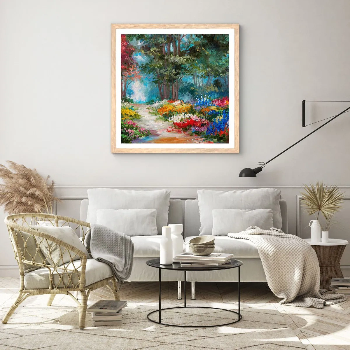 Poszter világos tölgy keretben - Erdei kert, virágos erdő - 60x60 cm