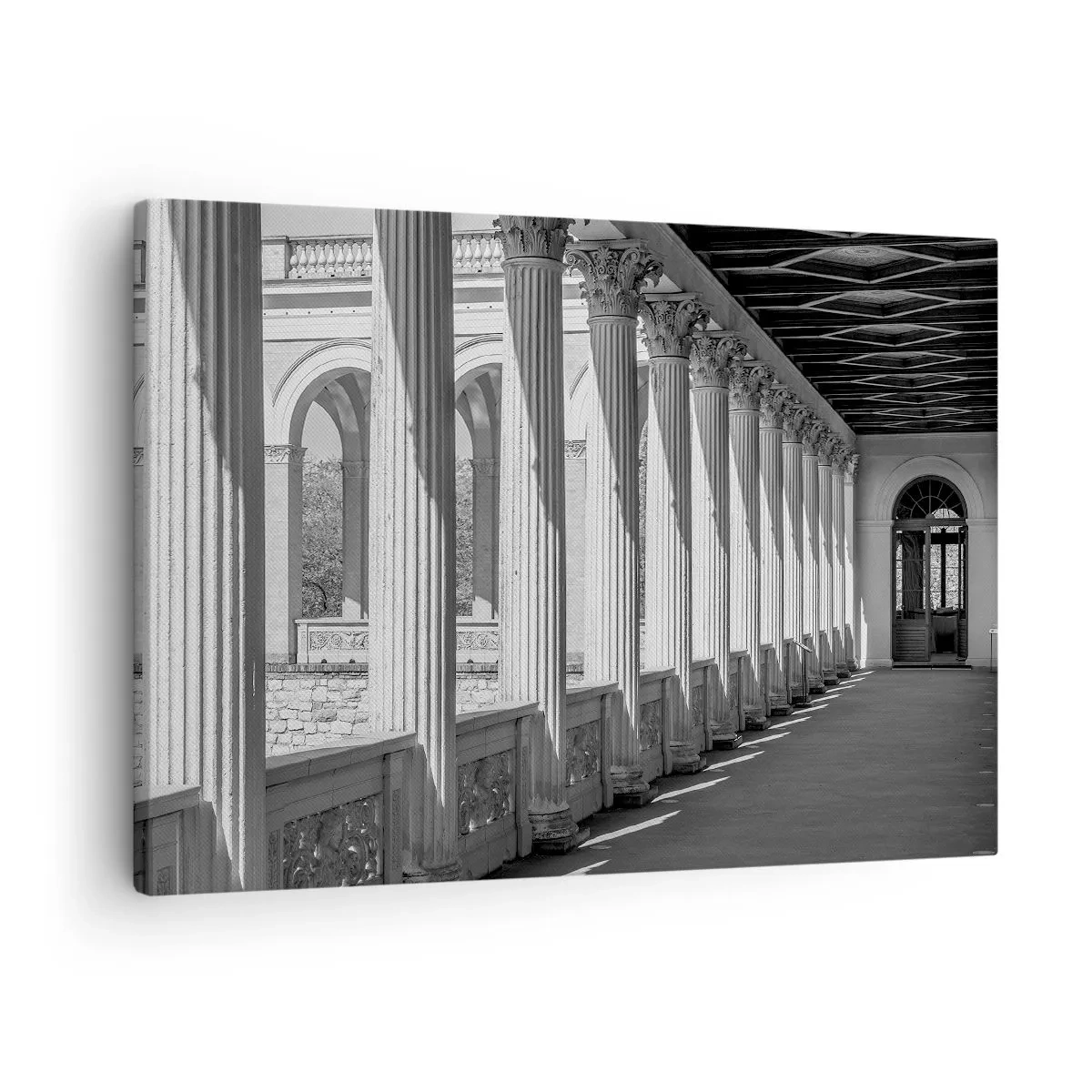 Vászonkép - Klasszikus stílusú oszlopsor fekete-fehérben - 70x50cm - Napsütötte árkádsor - Modern fali dekoráció nappalihoz és hálószobához ARTTOR