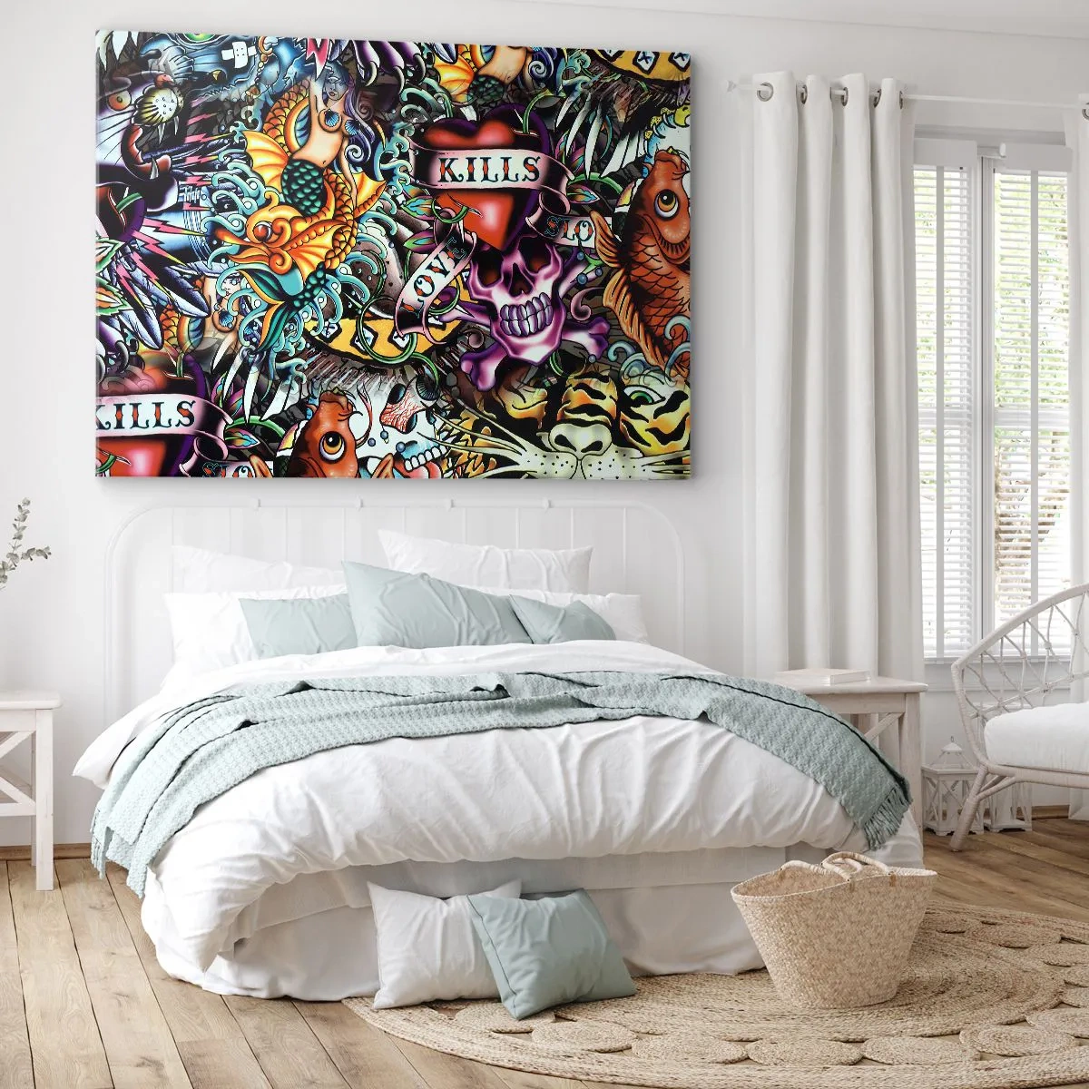 Vászonkép - Színes tetoválás stílusú grafika koponyákkal és tengerészeti motívumokkal - 70x50cm - A tetováló művész álma - Modern fali dekoráció nappalihoz és hálószobához ARTTOR