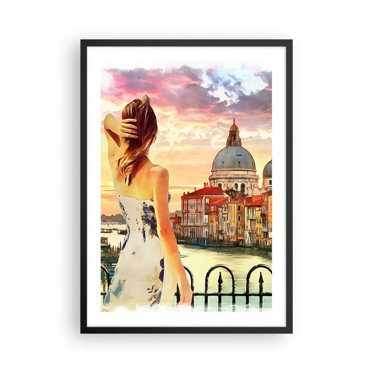 Poszter fehér keretben - Egy nő csodálja a történelmi város látképét naplementekor - 50x70cm - Ha kaland akkor csak a … - Modern fali dekoráció nappalihoz és hálószobához ARTTOR