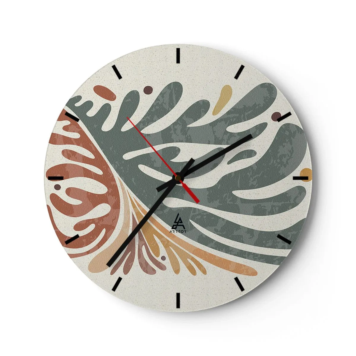 Falióra, Óra - Organikus formák zöld és rozsda árnyalataiban - 30x30cm - Többszínű levél - Modern fali dekoráció nappalihoz, konyhához és hálószobához ARTTOR