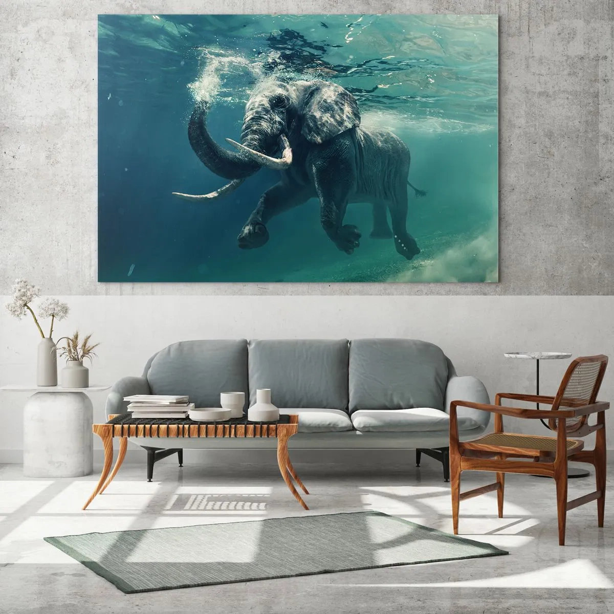 Üveg kép - Egy elefánt úszik víz alatt a kék óceánban - 70x50cm - Mindenki szeret úszni - Modern fali dekoráció nappalihoz és hálószobához ARTTOR