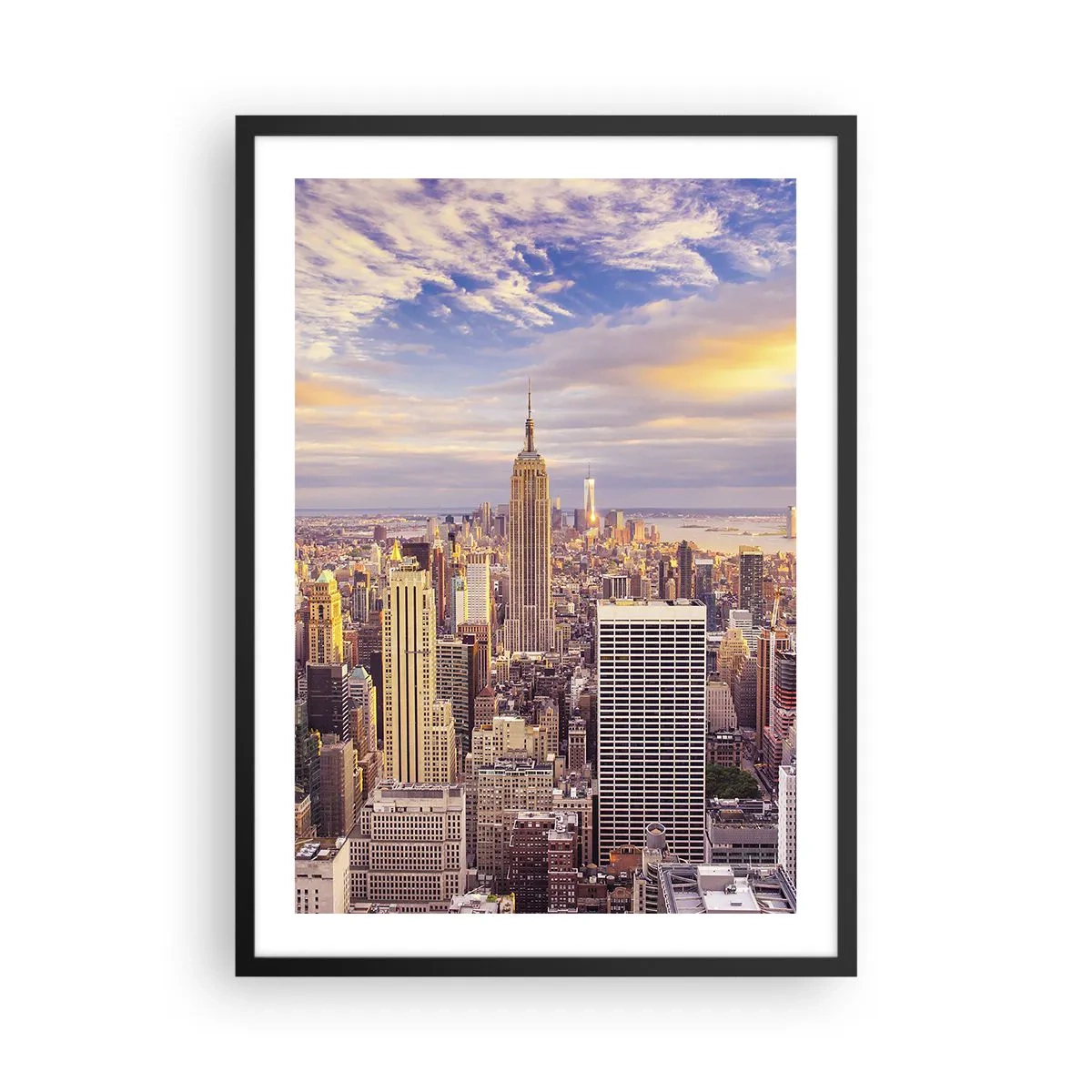 Poszter fehér keretben - New York-i panoráma az Empire State Buildingről naplementekor - 50x70cm - Elérni a felhőket - Modern fali dekoráció nappalihoz és hálószobához ARTTOR