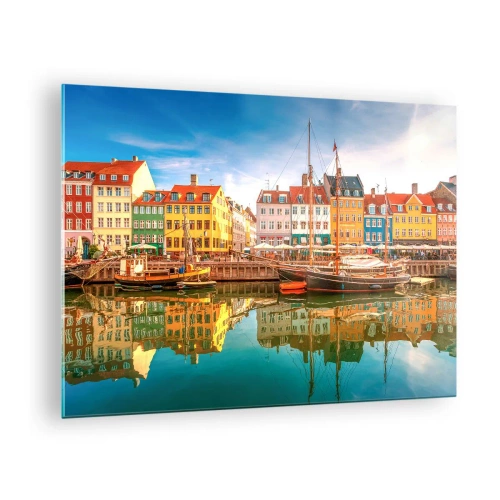 Üveg kép - Színes házak a csatornán, tükröződésekkel a vízben - 70x50cm - A tükörsima víz felett - Modern fali dekoráció nappalihoz és hálószobához ARTTOR