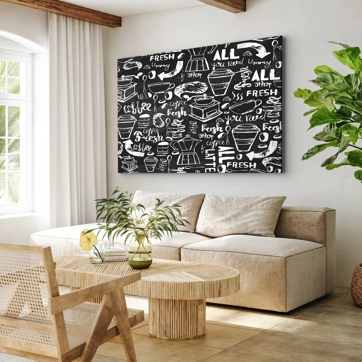 Vászonkép - Stílusos kávégrafika fekete háttéren - 70x50cm - All you need is… - Modern fali dekoráció nappalihoz és hálószobához ARTTOR
