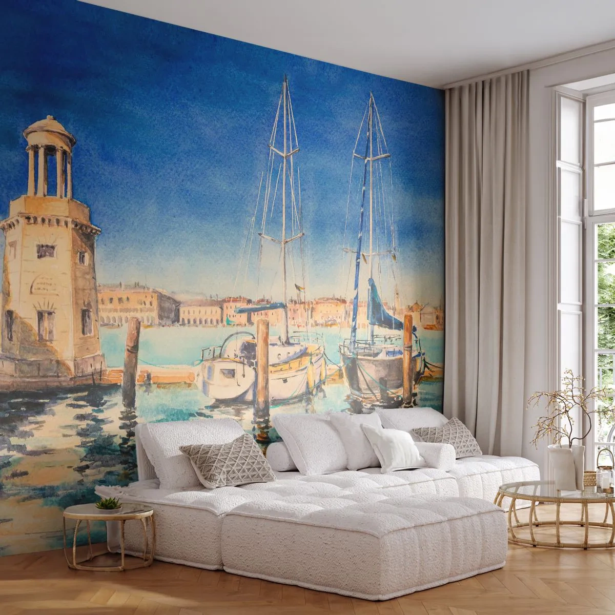 Öntapadós Fotótapéta Deluxe Sticker - Napos lagúna - Kikötő, Tájkép, Világítótorony - 250x175 cm