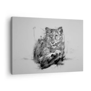 Vászonkép - Fekete-fehér portré egy oroszlánról művészi stílusban, dinamikus ecsetvonásokkal. - 70x50cm - Igen, figyelmesen hallgatok - Modern fali dekoráció nappalihoz és hálószobához ARTTOR