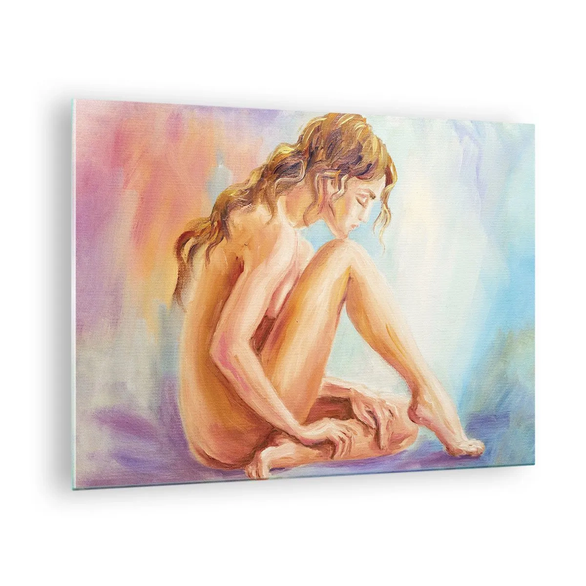 Üveg kép - Egy nő finom tükörképe pasztellszínű háttér előtt - 70x50cm - A fiatalság cselekedete - Modern fali dekoráció nappalihoz és hálószobához ARTTOR