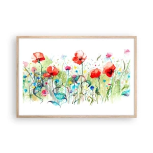 Poszter világos tölgy keretben - Virágzó májusi rét - 91x61 cm