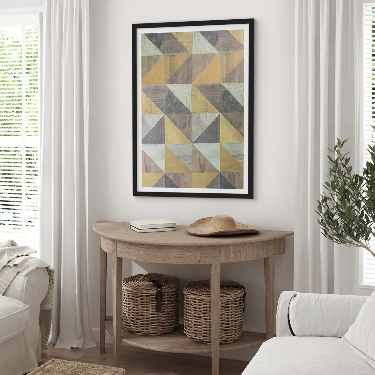 Poszter fehér keretben - Geometrikus minta arany és szürke árnyalatokban - 50x70cm - A háromszög szögében - Modern fali dekoráció nappalihoz és hálószobához ARTTOR