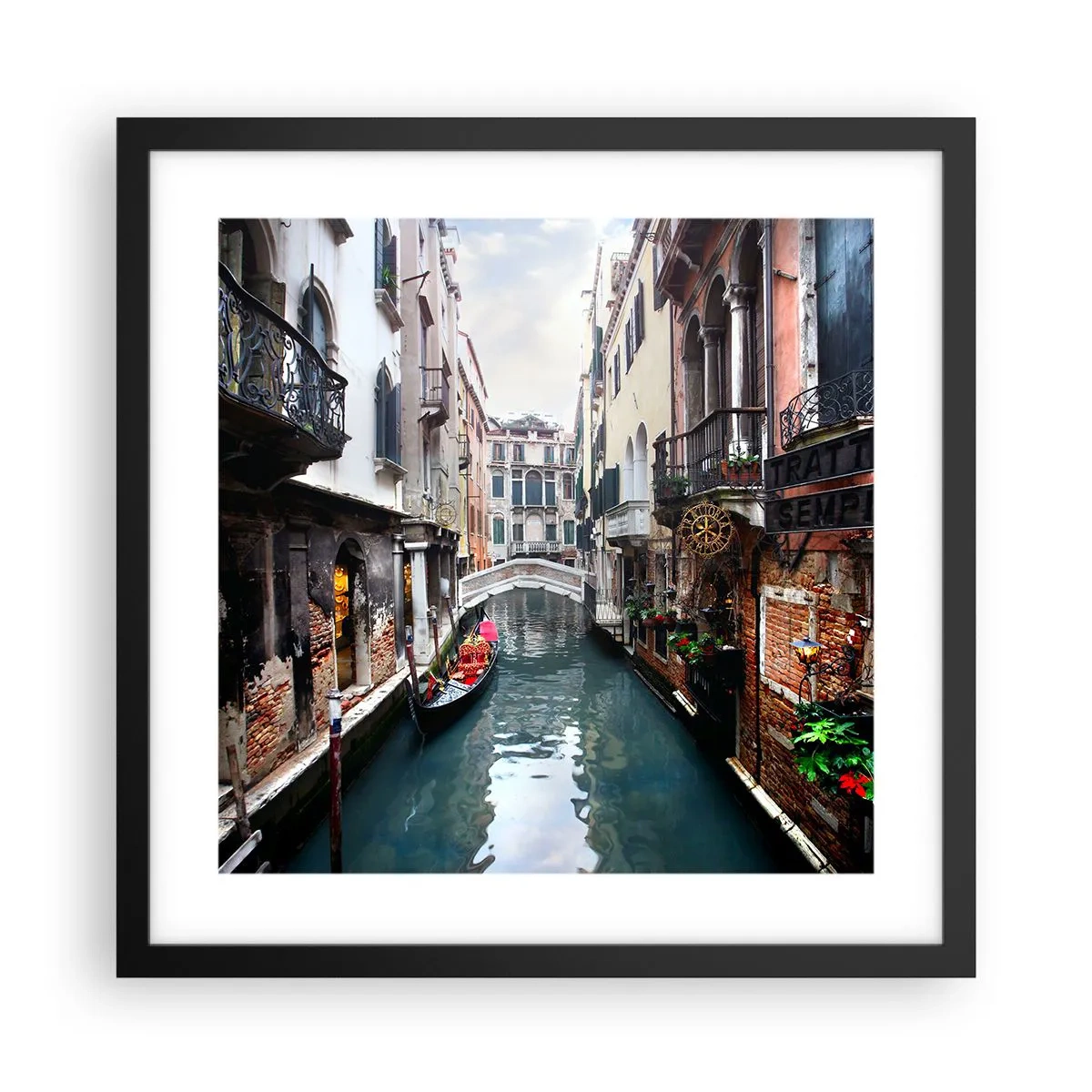 Poszter fehér keretben - Velencei táj gondolával és híddal - 40x40 cm