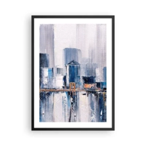 Poszter fehér keretben - Absztrakt városi panoráma kék és fehér árnyalatokban - 50x70cm - New York-i benyomás - Modern fali dekoráció nappalihoz és hálószobához ARTTOR
