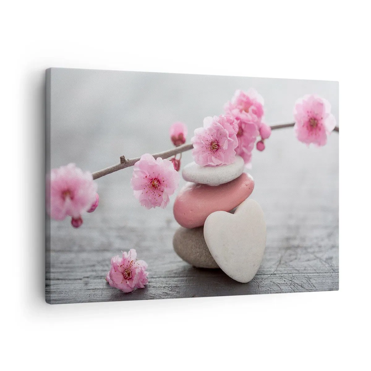 Vászonkép - Finom cseresznyevirágok szív alakú kövekkel - 70x50cm - Boldogság a cseresznyevirággal - Modern fali dekoráció nappalihoz és hálószobához ARTTOR
