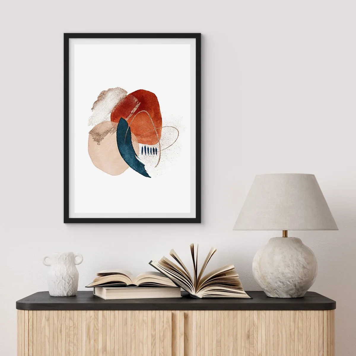 Poszter fehér keretben - Absztrakt ovális kompozíció meleg színekben - 50x70cm - Ovális kompozíció - Modern fali dekoráció nappalihoz és hálószobához ARTTOR