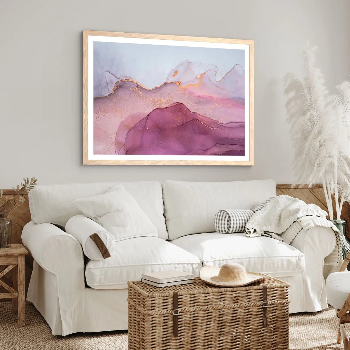 Poszter világos tölgy keretben - Lila és orgonaszínű hullámok - 40x30 cm