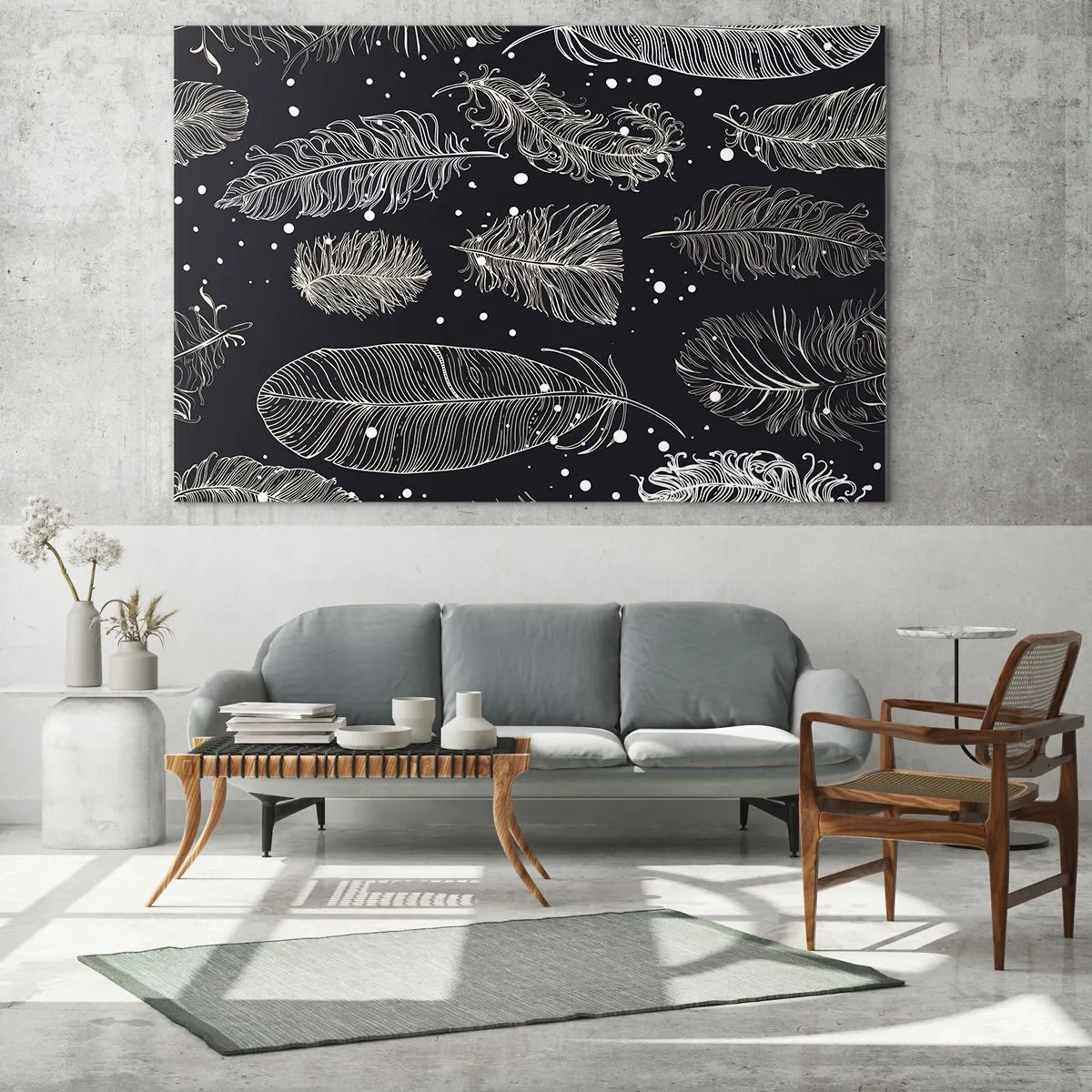 Üveg kép - Fehér tollak fekete alapon, finom részletekkel - 70x50cm - Tollas csipke - Modern fali dekoráció nappalihoz és hálószobához ARTTOR
