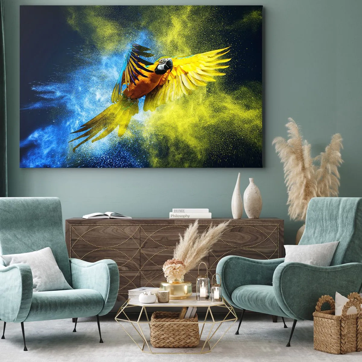 Vászonkép - Egy papagáj repülés közben, sárga és kék színű robbanások hátterében. - 70x50cm - A kék és arany porban - Modern fali dekoráció nappalihoz és hálószobához ARTTOR