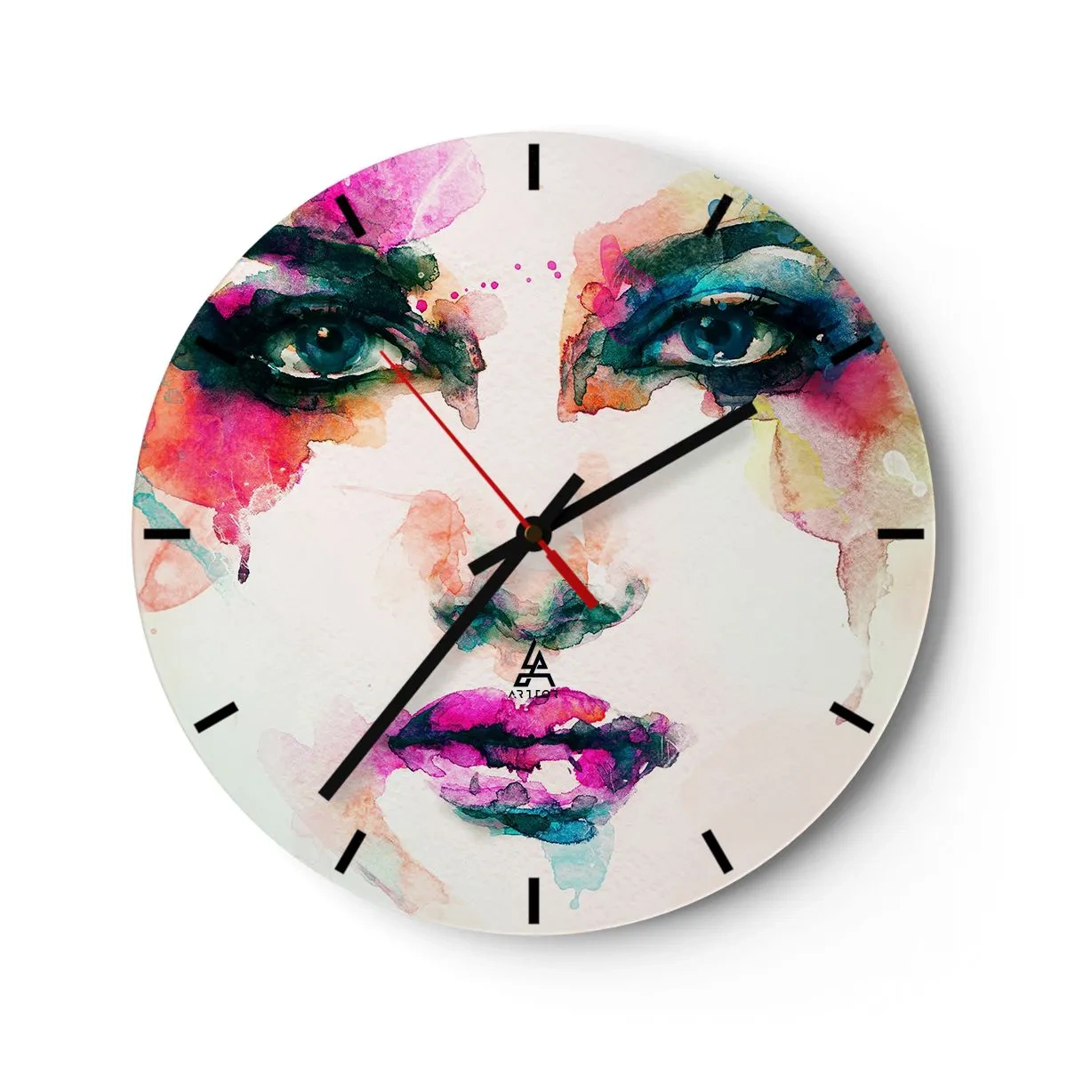 Falióra, Óra - Színes portré egy nőről akvarell stílusban, intenzív színekkel - 30x30cm - Szivárvánnyal festett portré - Modern fali dekoráció nappalihoz, konyhához és hálószobához ARTTOR