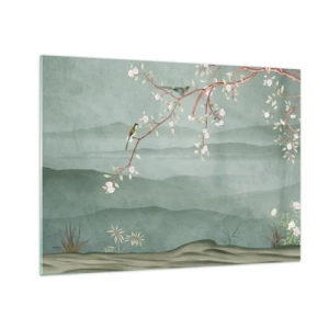 Üveg kép - Egy ág virágokkal és madarakkal, zöld dombok hátterében - 70x50cm - Tavasz, ah, te vagy az - Modern fali dekoráció nappalihoz és hálószobához ARTTOR