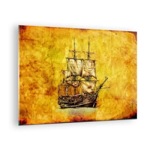 Üveg kép - Egy történelmi vitorlás hajó stilizált pergamen hátterében - 70x50cm - Irány Tortuga! - Modern fali dekoráció nappalihoz és hálószobához ARTTOR