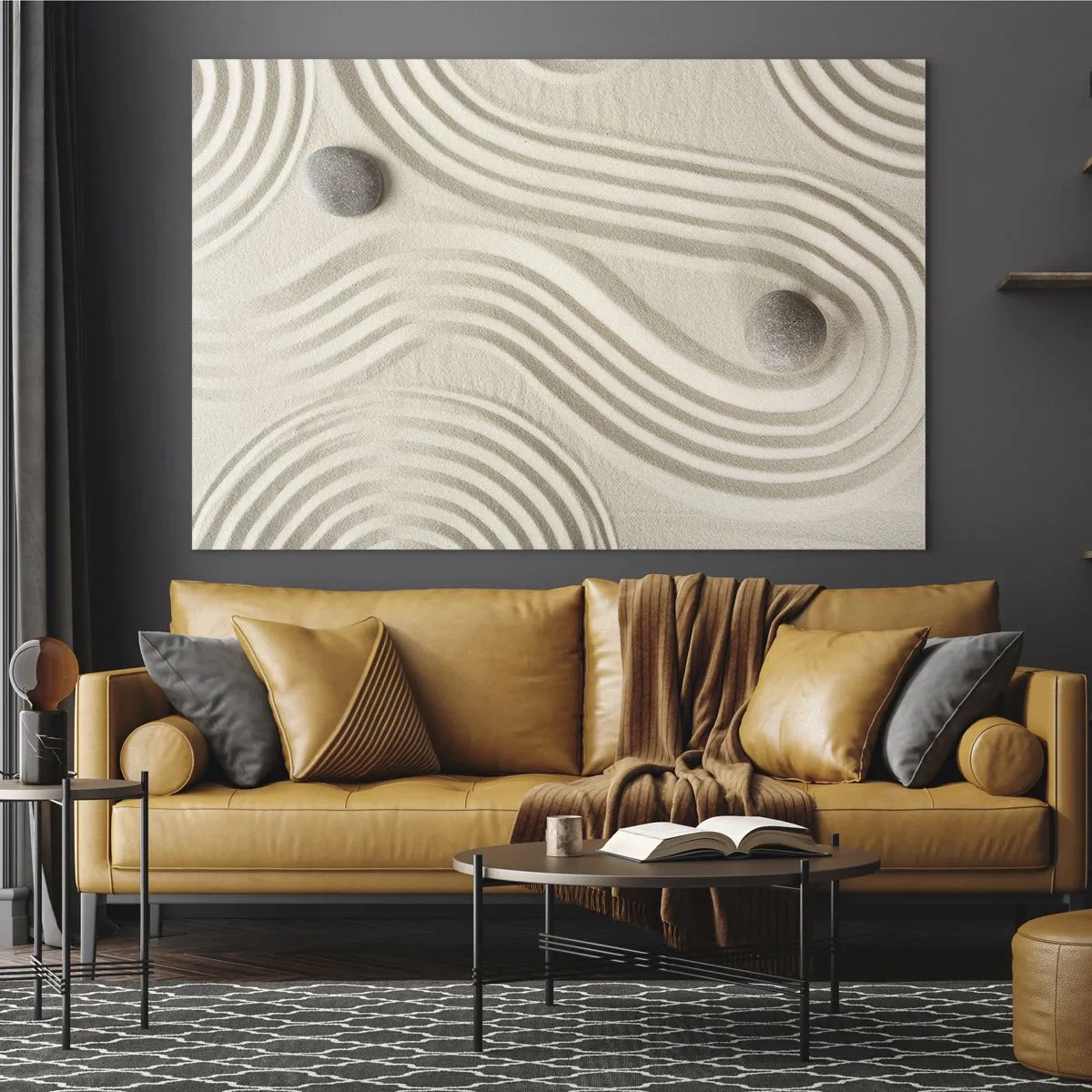 Üveg kép - Minimalista homok kövekkel és geometrikus mintákkal - 70x50cm - A meleg érintése - Modern fali dekoráció nappalihoz és hálószobához ARTTOR