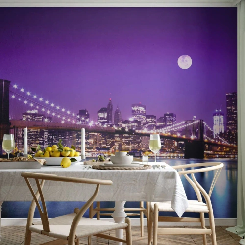 Öntapadós Fotótapéta Deluxe Sticker - A nagyváros fényei lilában - Város, New York, Brooklyn híd - 100x70 cm