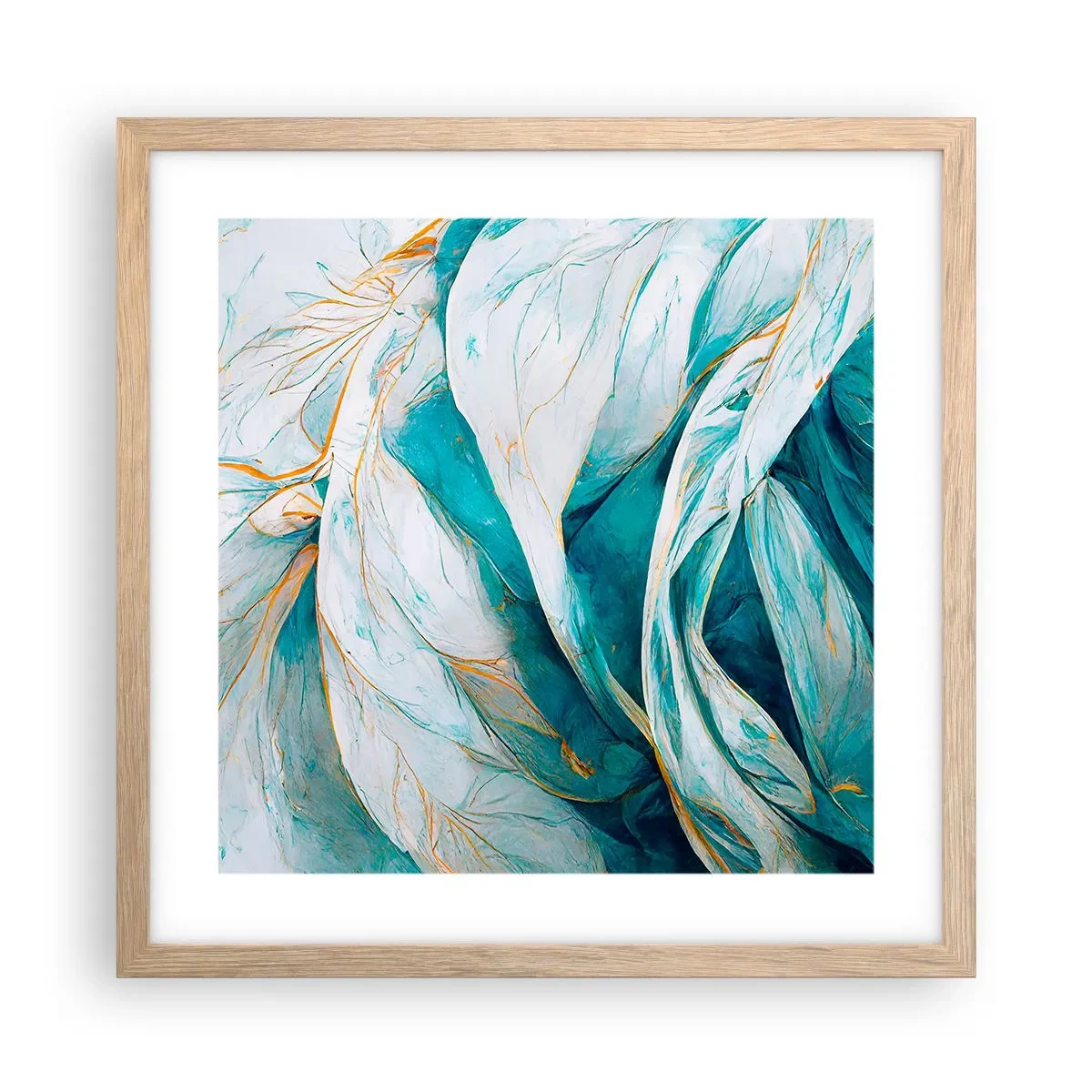 Poszter világos tölgy keretben - Kék absztrakció arany motívummal - 40x40 cm