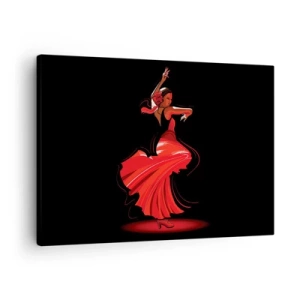 Vászonkép - Flamenco táncos piros ruhában, fekete háttér előtt - 70x50cm - A flamenco tüzes szelleme - Modern fali dekoráció nappalihoz és hálószobához ARTTOR