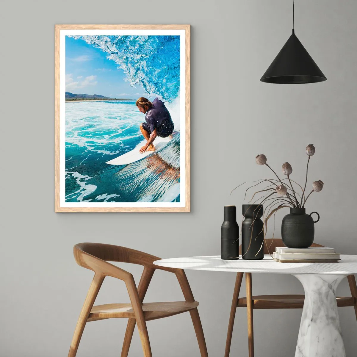 Poszter világos tölgy keretben - Tánc a hullámokkal - 50x70 cm